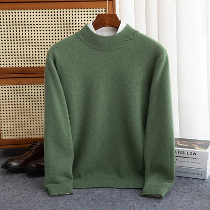 Men's half-collar wool sweater in loose fit with rough yarn texture, shown in winter business style