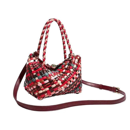 Women's colourful woven shoulder bag made from PU leather with handmade pattern