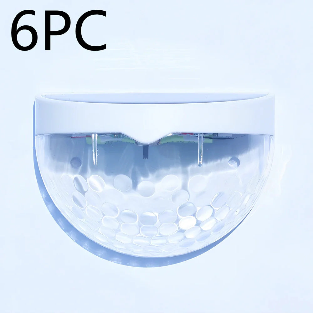 Pair of white waterproof solar semicircular fence lamps with water drop effect, IP65 rated for garden use, 90x62x50mm