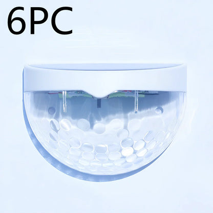 Pair of white waterproof solar semicircular fence lamps with water drop effect, IP65 rated for garden use, 90x62x50mm