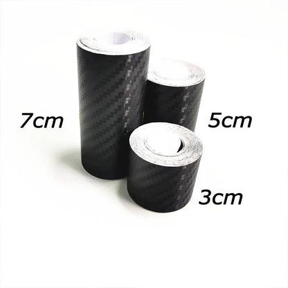 Black PET car door threshold sticker roll in 3D carbon fibre style, 3cm to 10cm wide and 1m to 5m long.