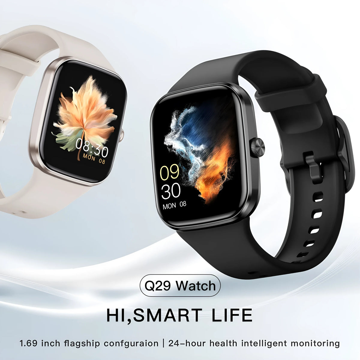 Bluetooth smart sports watch with TFT screen, heart rate and sleep monitoring, shown in five colour options