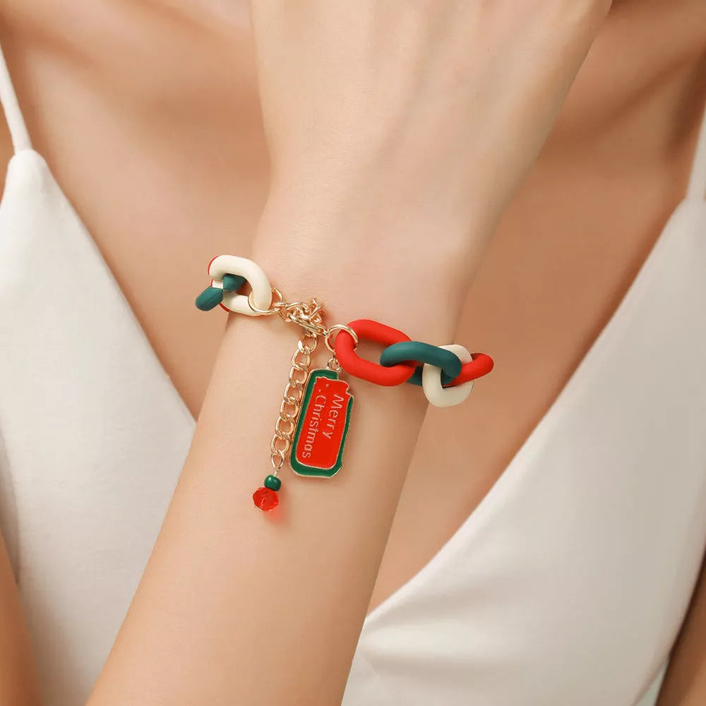 Festive Christmas Metal Chain Bracelet with Santa Claus and snowflake designs