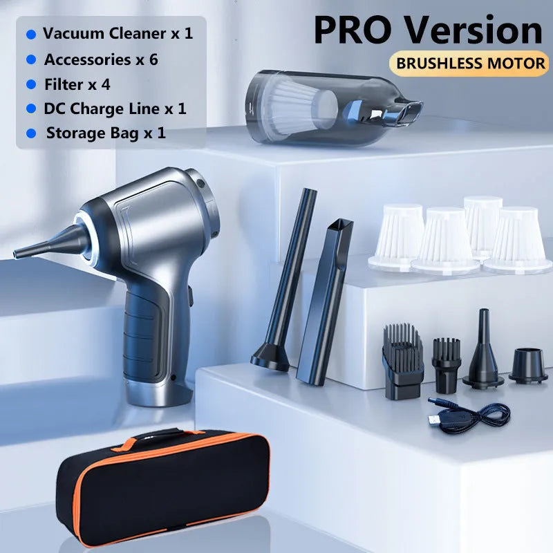 Brushless handheld and vertical car vacuum cleaner with 12000Pa suction, shown with optional EVA storage bag.