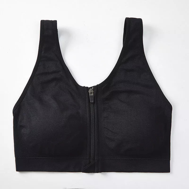 Black front zipper sports bra with shockproof support and beauty back design