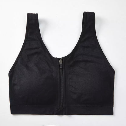 Black front zipper sports bra with shockproof support and beauty back design