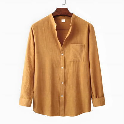 Men's slim fit brown long sleeve shirt made from cotton blend fabric