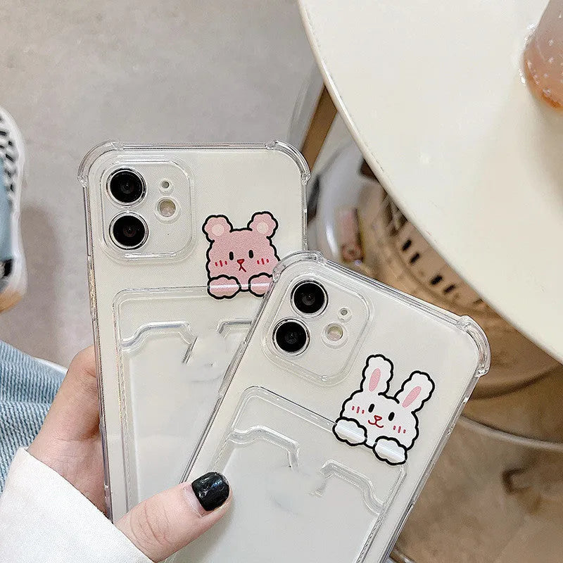 Cartoon transparent TPU phone case with card holder for iPhone, showing painted design and slim fit