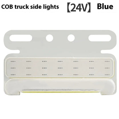 COB LED truck side light in aluminium alloy housing, showing red, yellow, green, blue, or white options for 12V and 24V vehicles