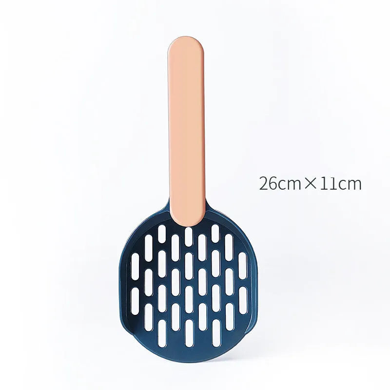 Blue plastic cat litter shovel scoop with drainage holes for cleaning a litter box.