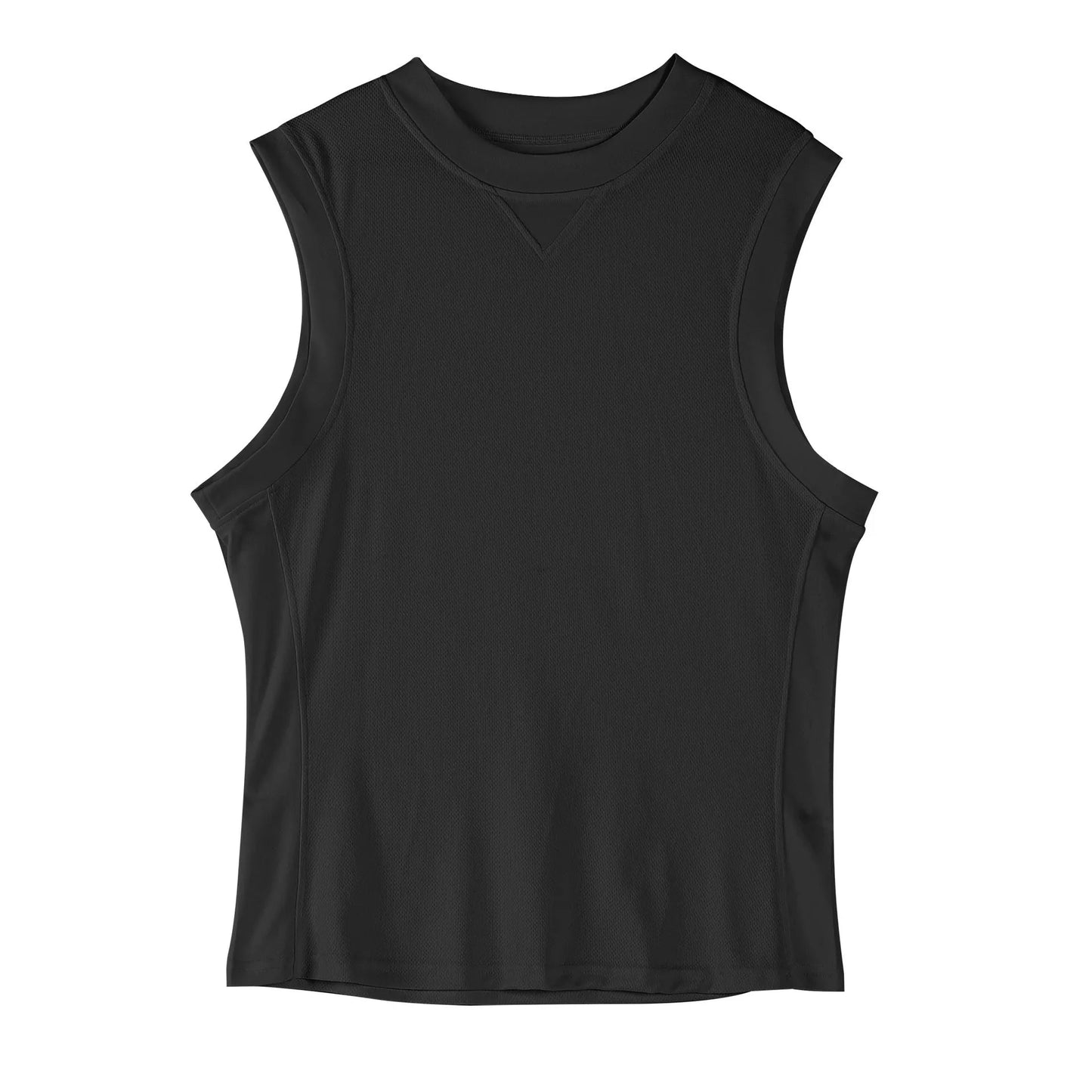 Men's black loose fit polyester fitness vest for summer sports on a white background