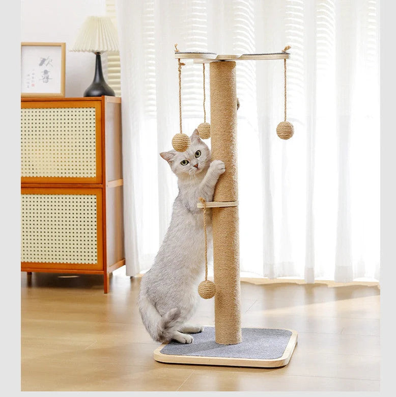 Pine wood cat climbing frame with windmill hanging ball and carpet leather scratching surfaces