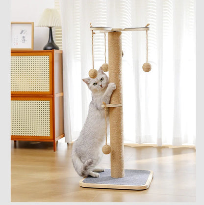 Pine wood cat climbing frame with windmill hanging ball and carpet leather scratching surfaces