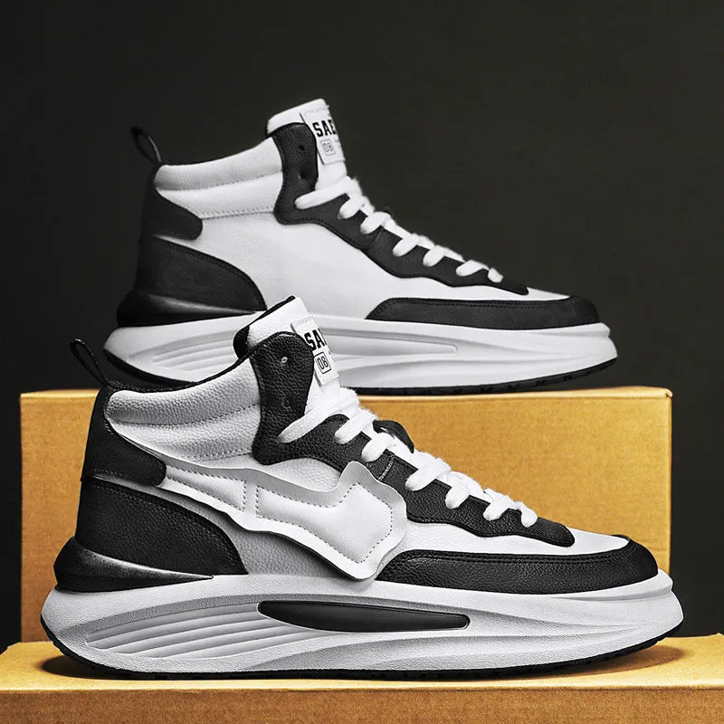 Men's black and white high-top casual board shoes with a round toe and platform sole.