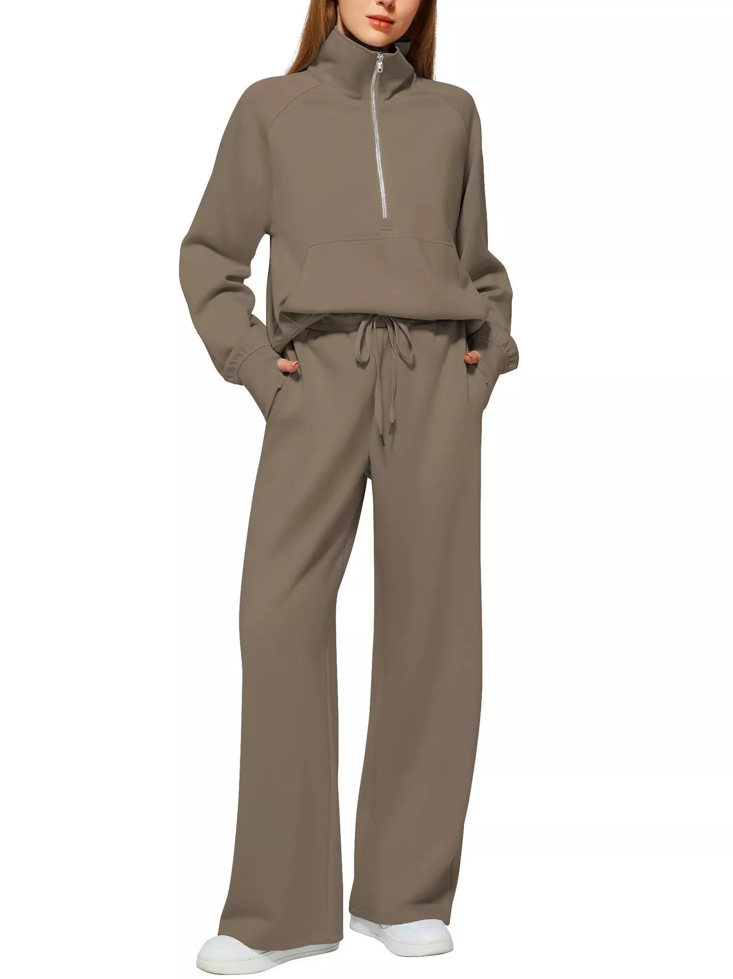 Women's solid color long-sleeved sweater trousers suit in polyester, available in multiple colors