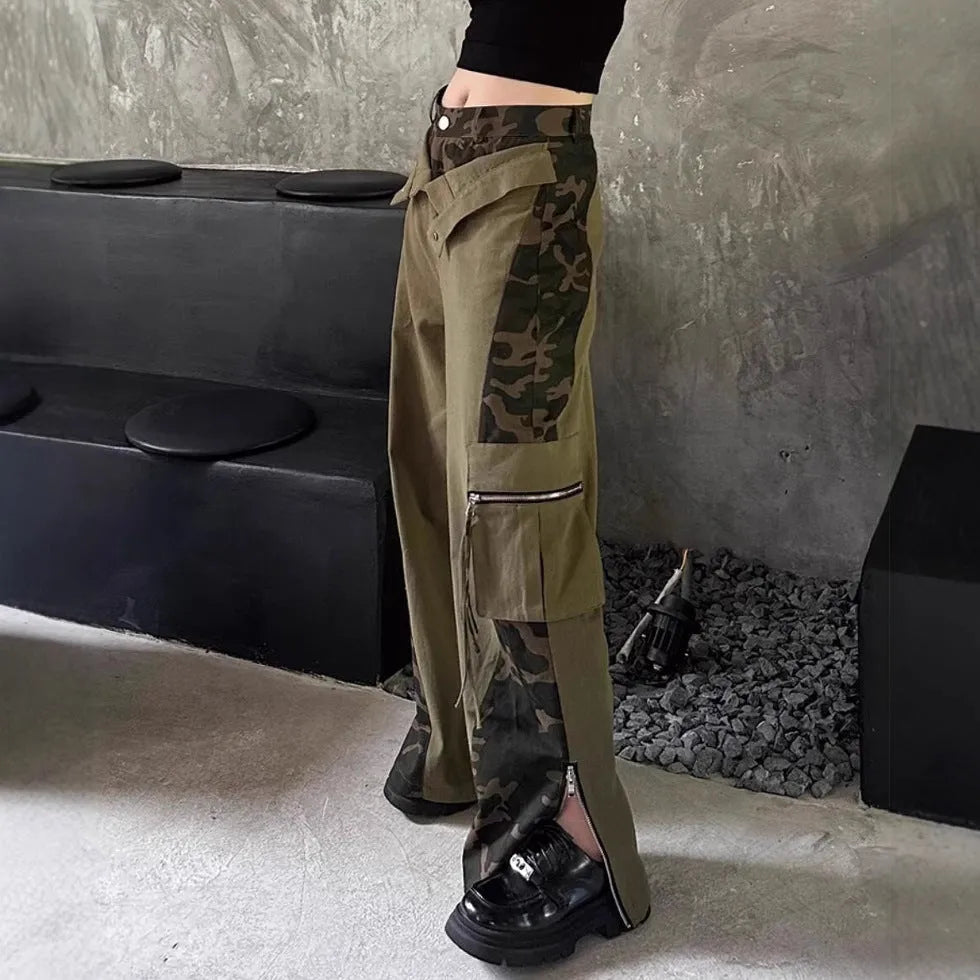 Dark khaki leopard print high waist straight leg jeans with faux stitching tooling design