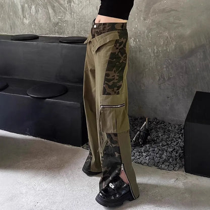 Dark khaki leopard print high waist straight leg jeans with faux stitching tooling design