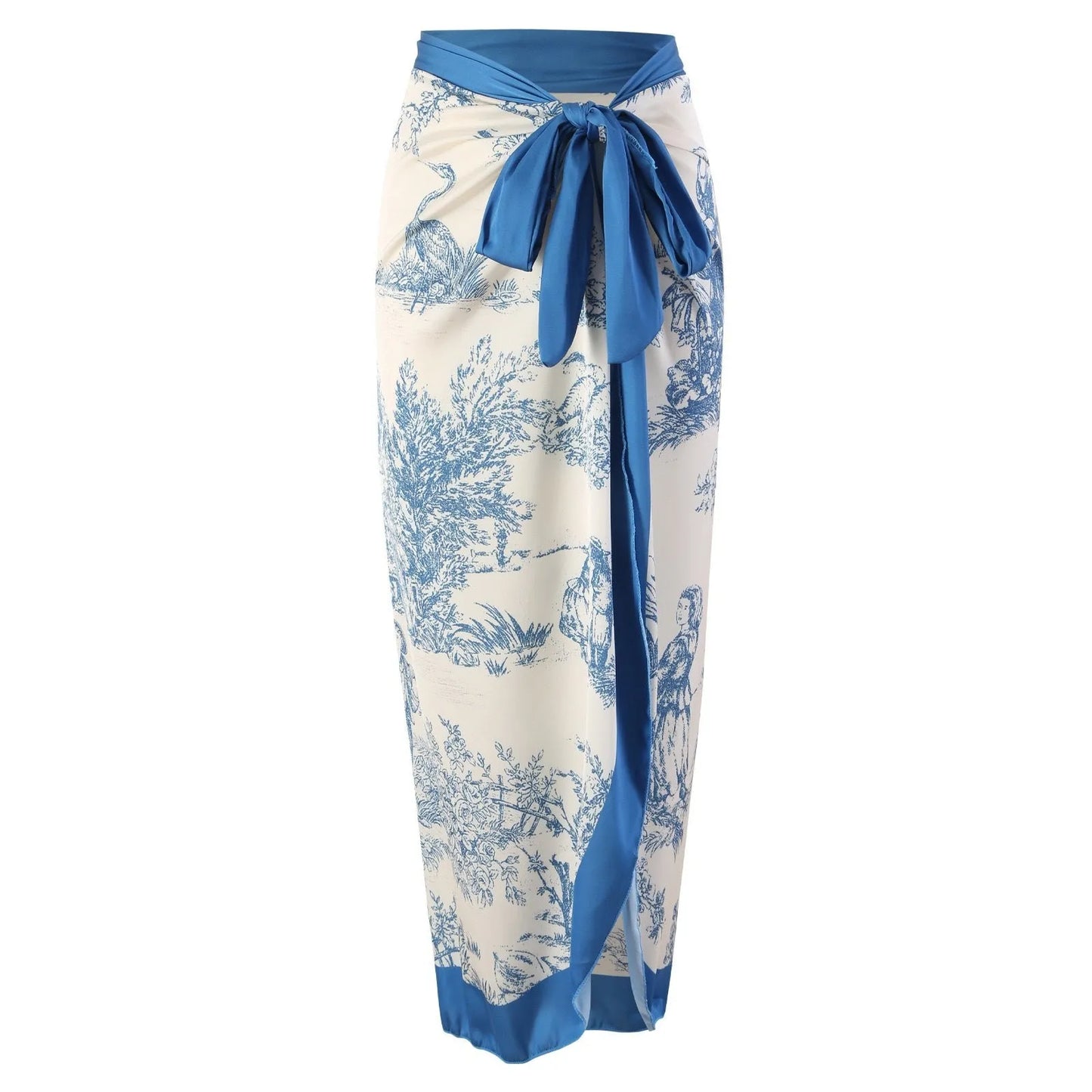 Blue patterned one-piece swimsuit for women with a skirt option.
