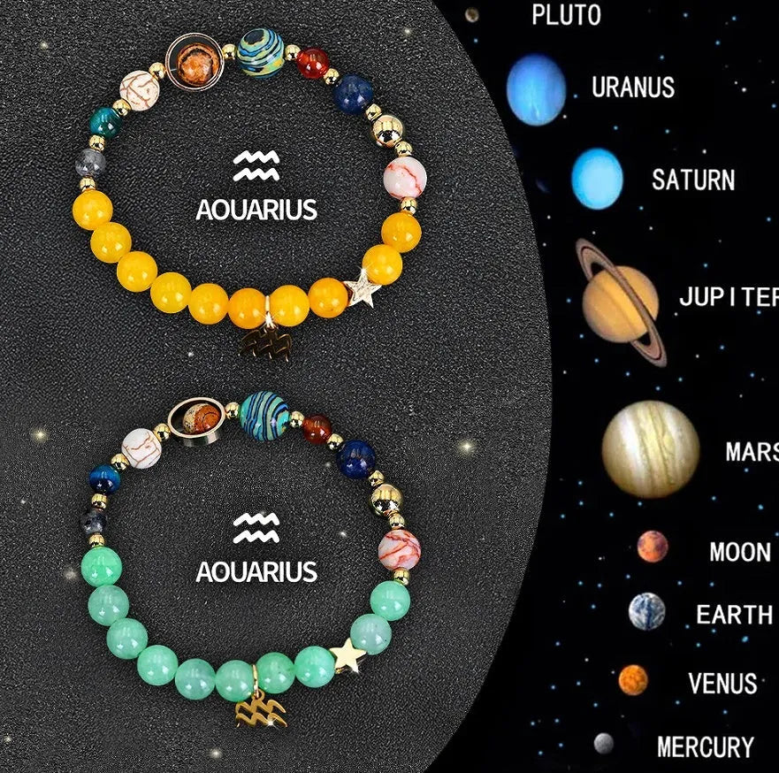 Two natural stone beaded bracelets with zodiac signs on adjustable cords, 8mm beads