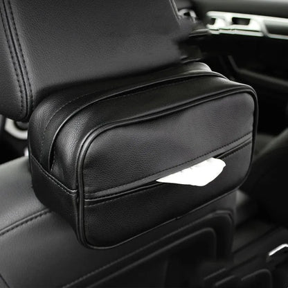 Black leather hanging storage box with PU coating, dimensions 23x13x9cm, shown behind a car headrest
