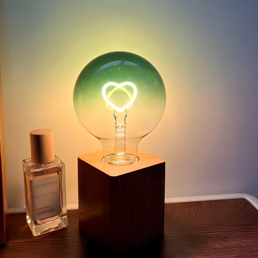 Cute atmosphere lamp night light, 7cm x 18cm glass shade on wood base, 3W LED in red love, green love or colorful double layer for 8-15m² rooms