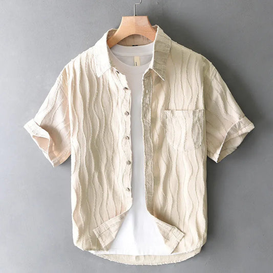 Men's pure cotton short sleeve shirt in Japanese fresh style with loose fit, available in apricot and army green colours