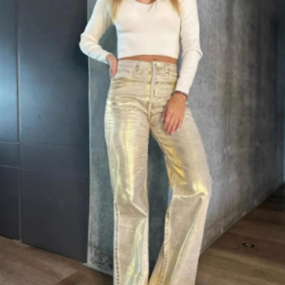 Bronzing design straight-leg cotton jeans in gold colour with straight cut for spring summer wear