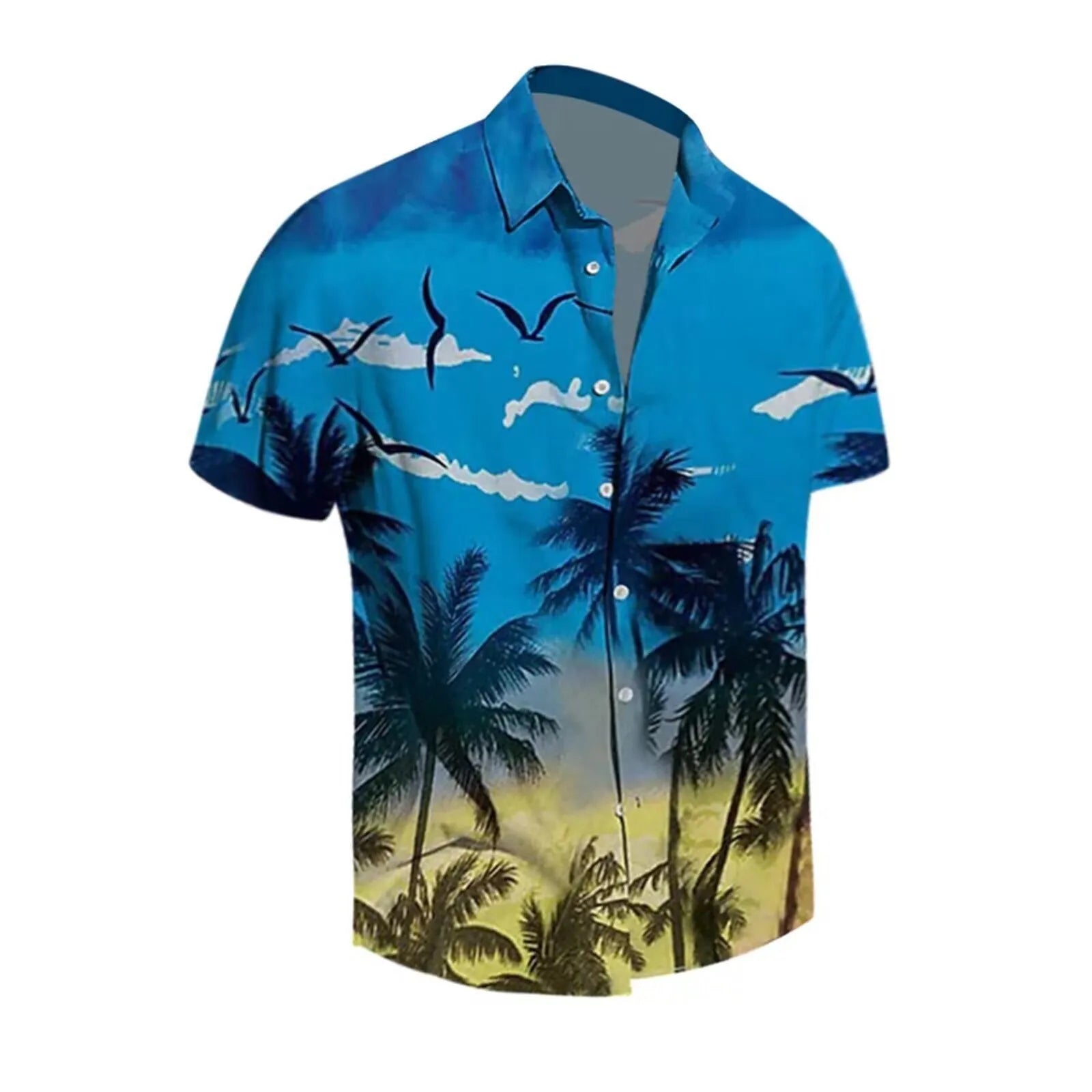 Men's short-sleeved Hawaiian shirt with 3D printed pattern, available in multiple colours and sizes including plus sizes.