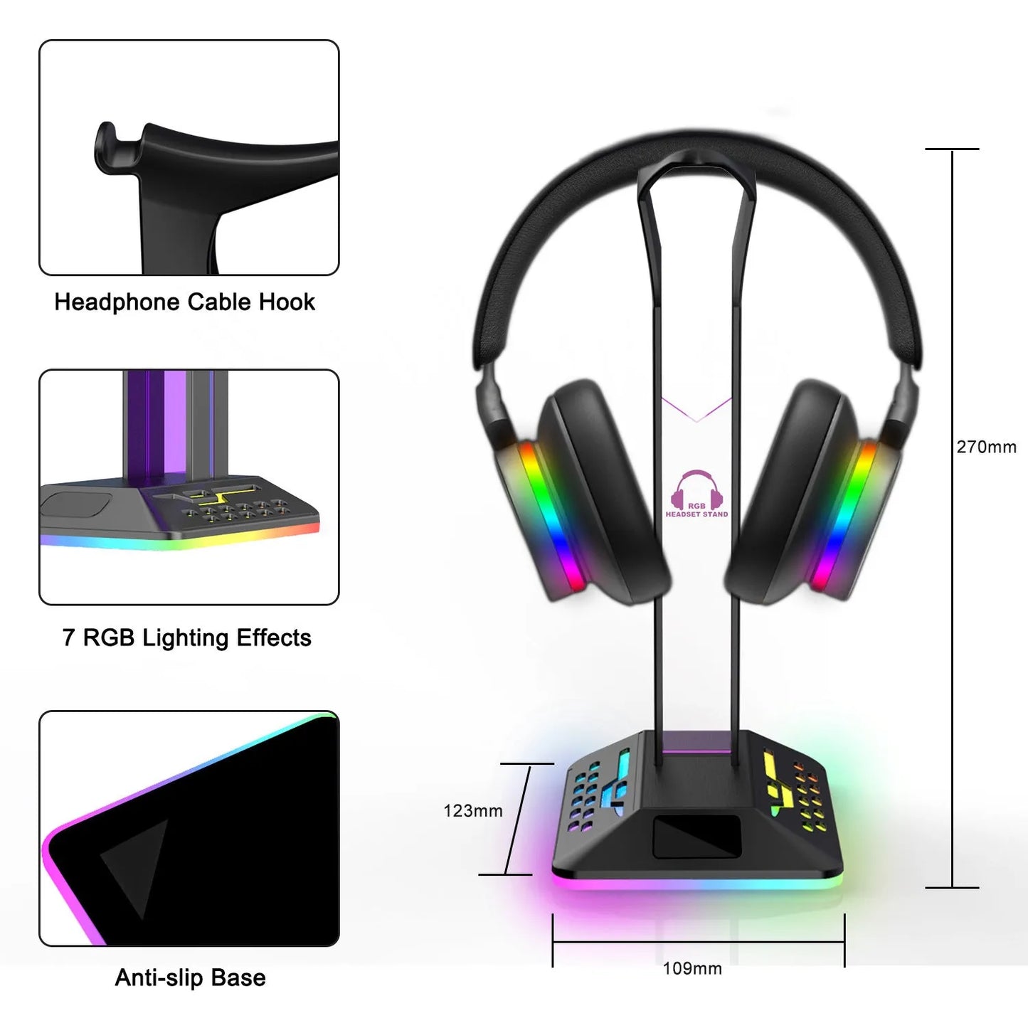 RGB headphone bracket with dual USB ports and colour changing LED lighting on acrylic stand