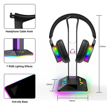 RGB headphone bracket with dual USB ports and colour changing LED lighting on acrylic stand