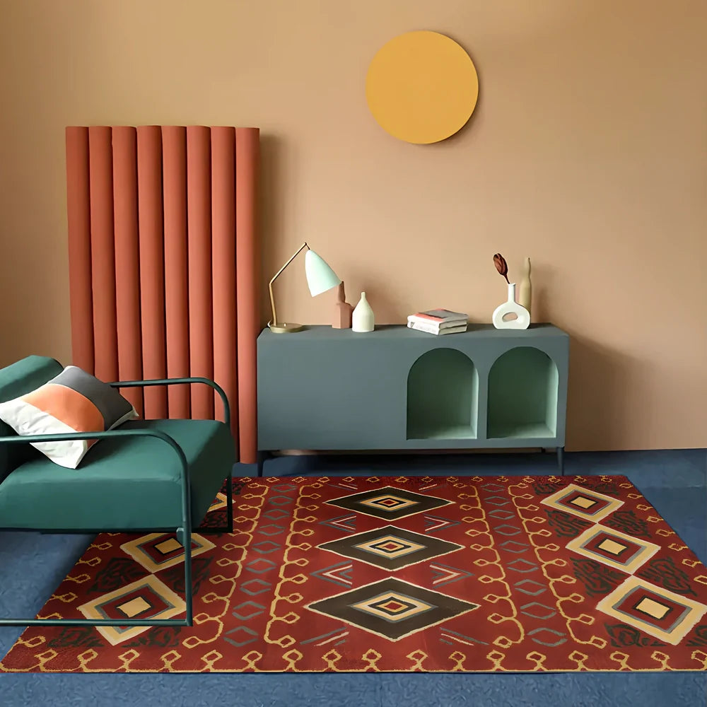 Rectangular boho-style polyester rug in various colours and sizes, machine-woven for consistent texture