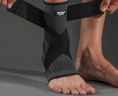 A black sports ankle support brace shown on an ankle, suitable for running and basketball.