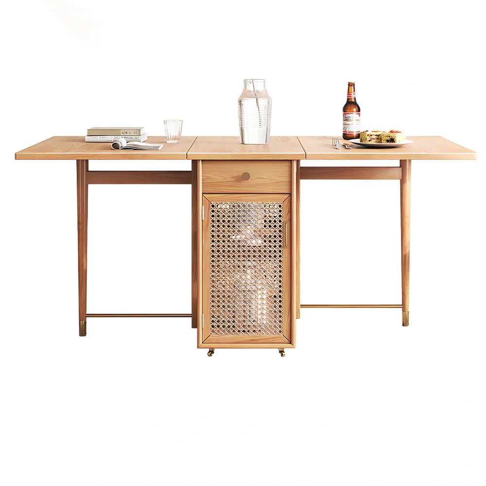 Natural rattan folding dining table extended to 145cm length with wood frame