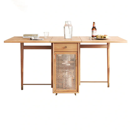 Natural rattan folding dining table extended to 145cm length with wood frame