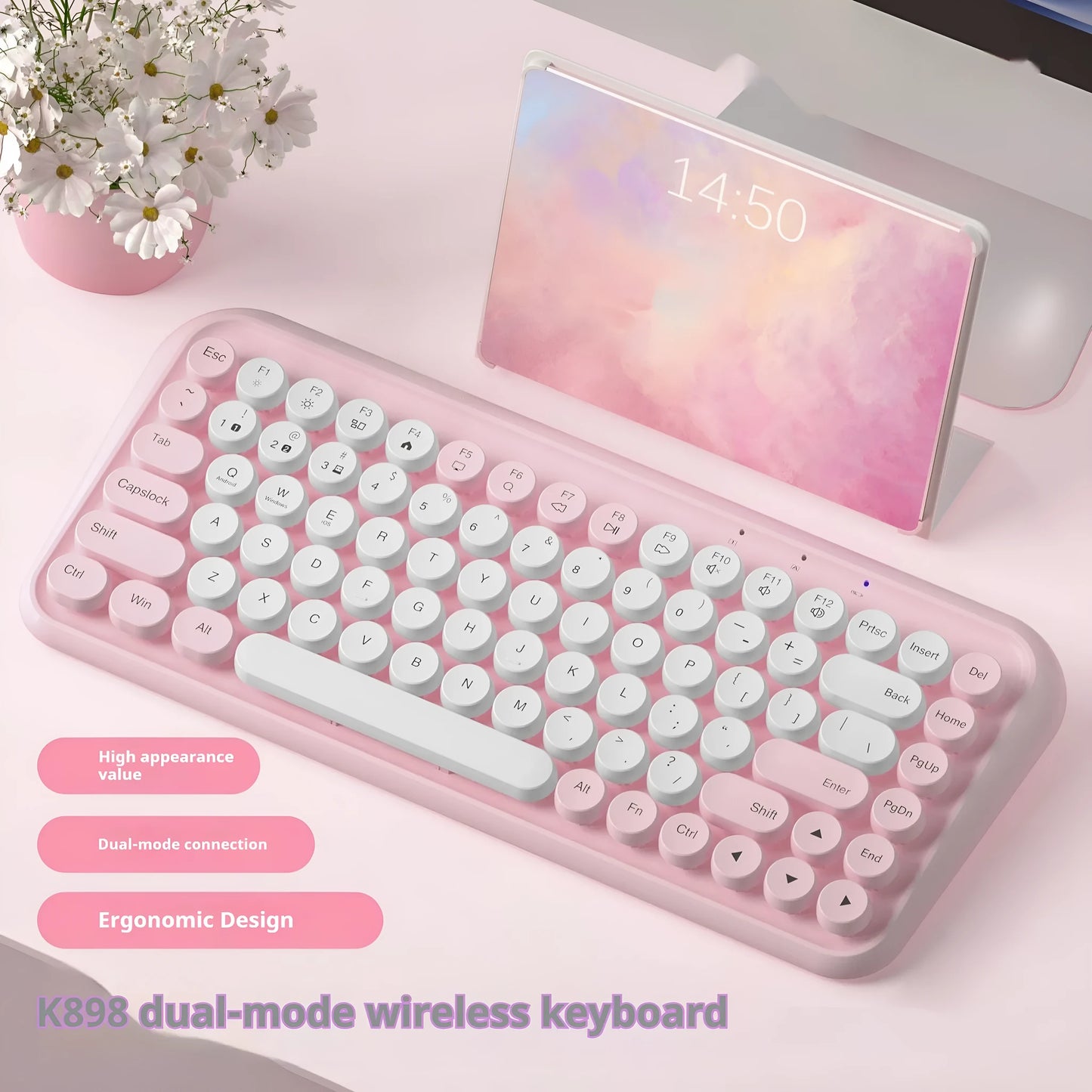 Pink Bluetooth wireless keyboard with 84-key layout showing crater architecture buttons
