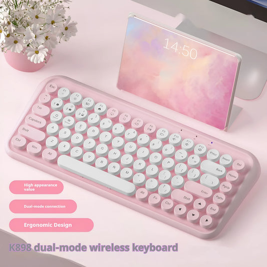 Pink Bluetooth wireless keyboard with 84-key layout showing crater architecture buttons
