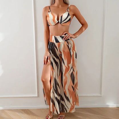 Women's three-piece bikini set in quick-dry polyester with animal print pattern