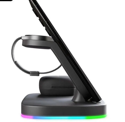 Vertical 3-in-1 wireless charging stand for mobile phone, smartwatch, and headphones