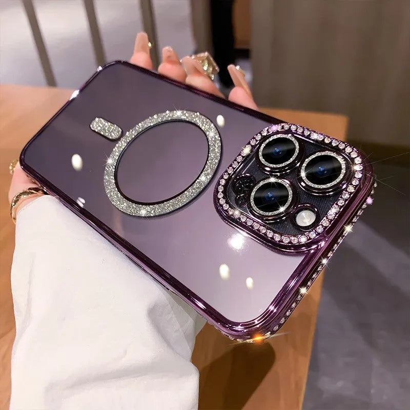 Wireless magnetic iPhone case with soft silicone edges and electroplated finish in deep purple colour