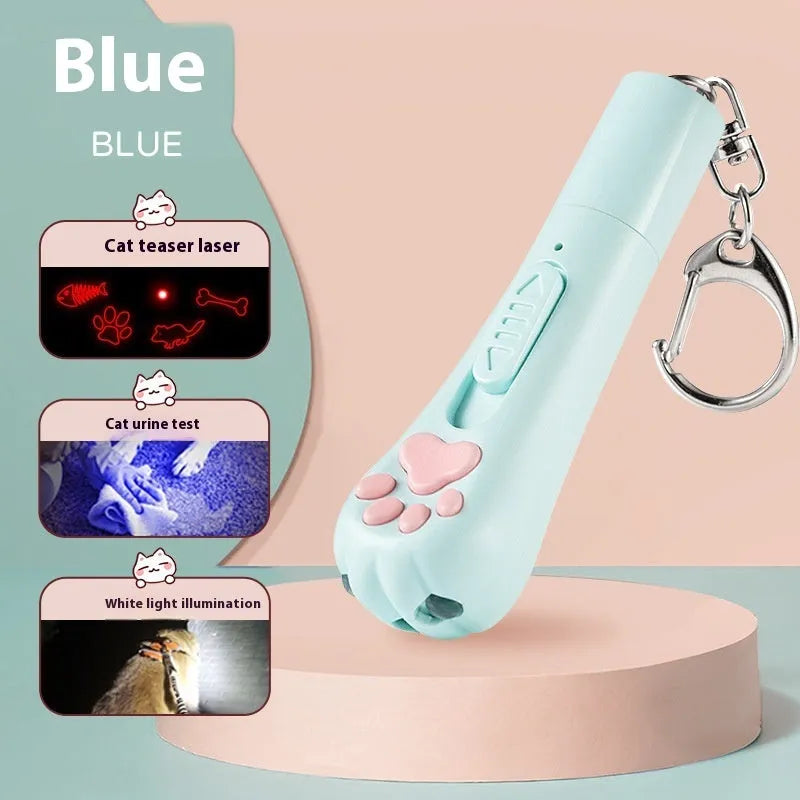 Cat teaser pen light toy with 15cm plastic wand and USB charging cable in cream white colour