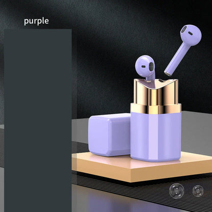 Stylish Bluetooth earbuds with lipstick-inspired design, noise cancellation, and comfortable fit for immersive audio experience