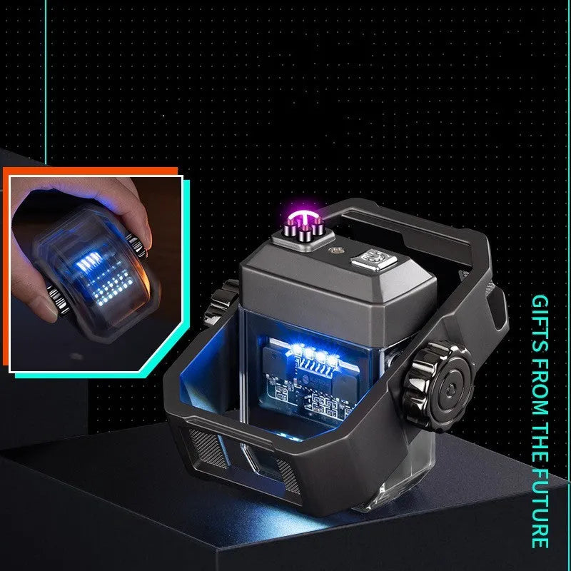 Pulse Lighter showing double arc flame, mechanical gyroscope, and folding zinc alloy body in blue colour