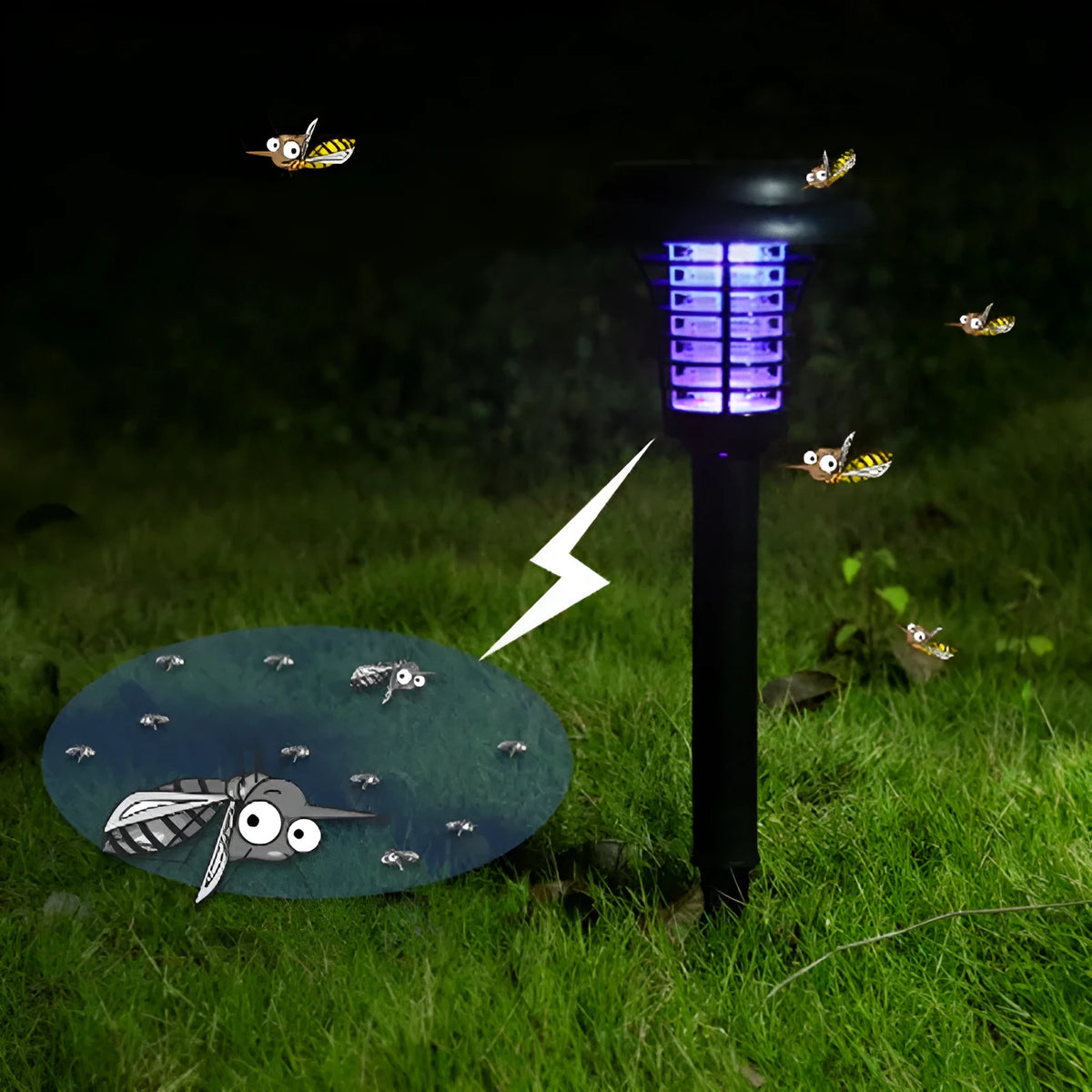 Black solar LED anti-mosquito lamp with UV bug zapper, metal grill and solar panel for outdoor garden use