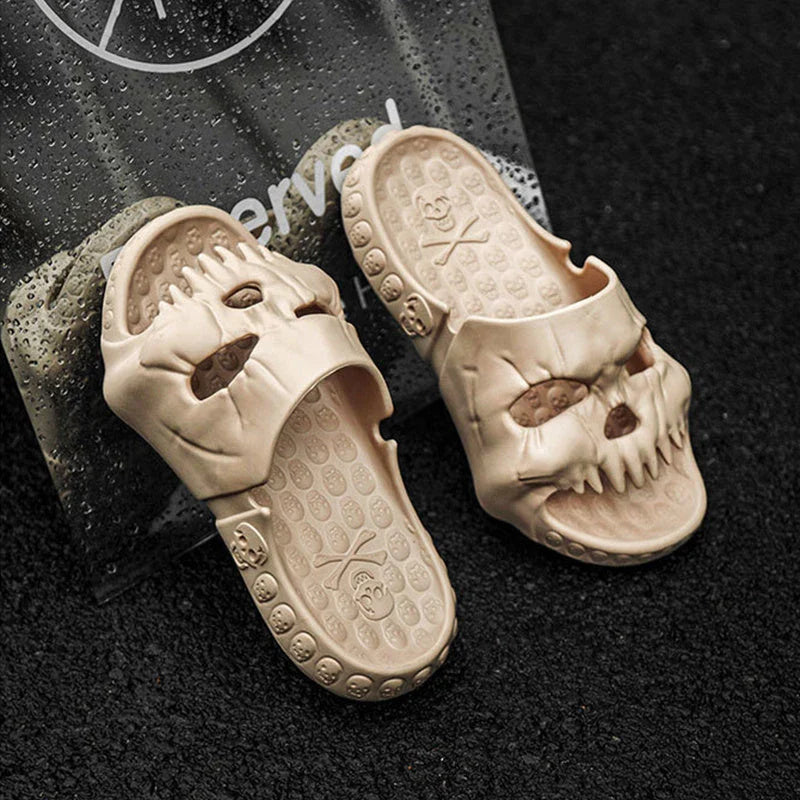 Spooky skull-printed slide sandals in various colors and sizes