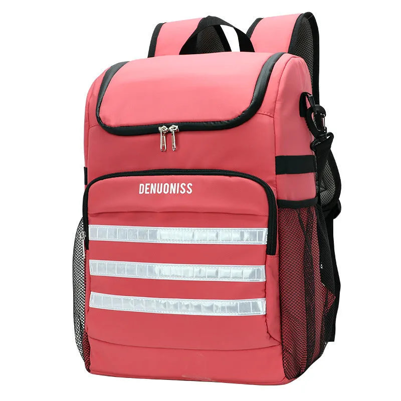 Insulated black cloth backpack with mounted bottle opener on shoulder strap