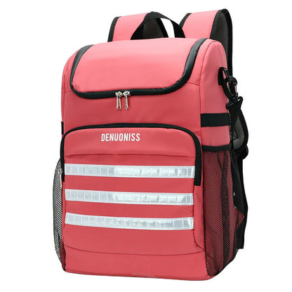 Insulated black cloth backpack with mounted bottle opener on shoulder strap
