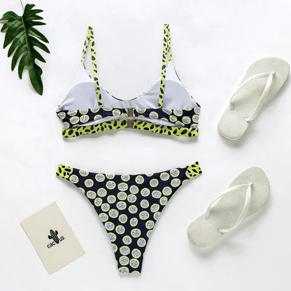 Women's bikini set in black and white dots or red and white stripes, sizes S to XL, polyester fabric for swimming.