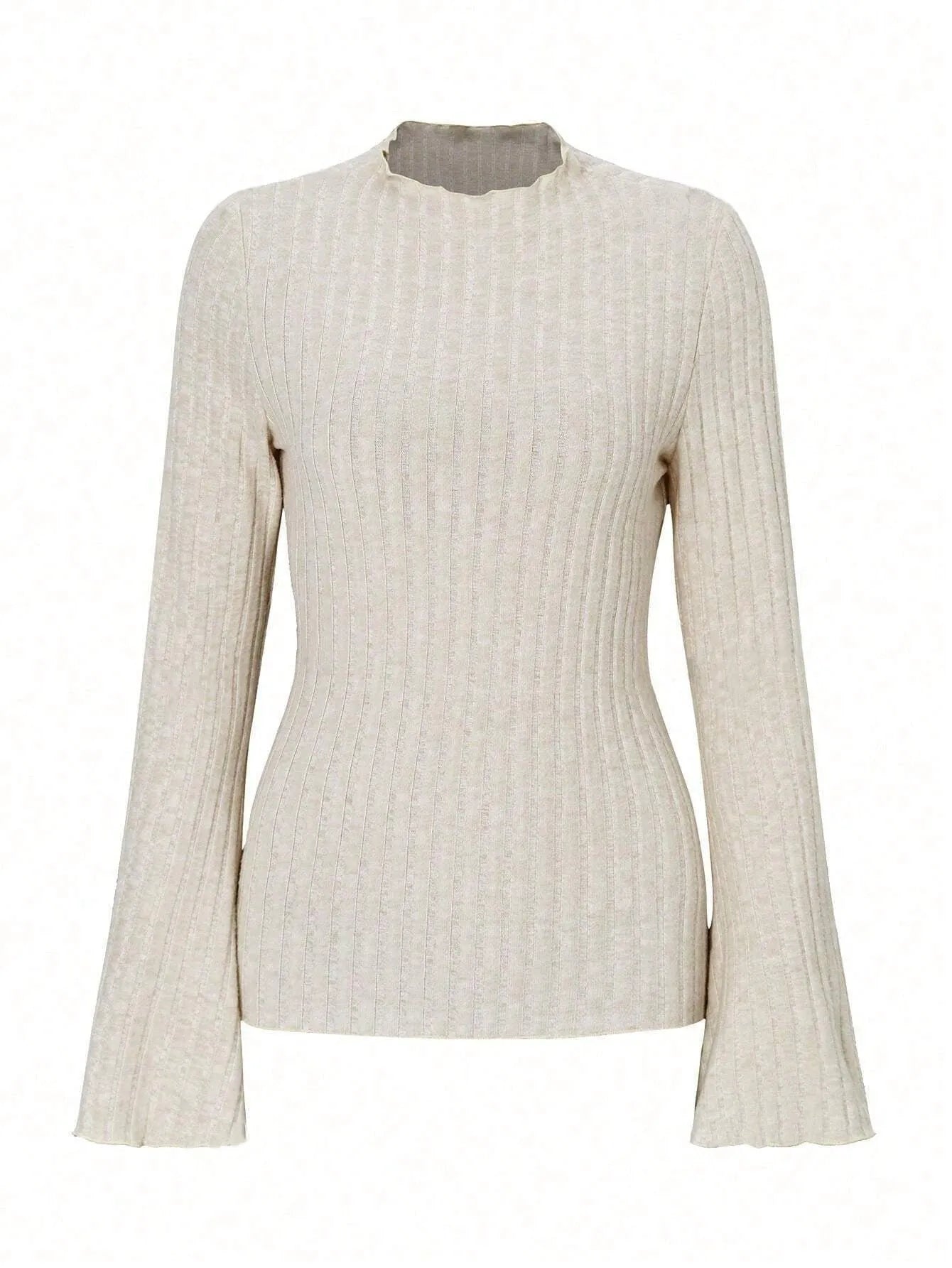 Long sleeve round neck top in black with lantern sleeves and slim fit, on a hanger