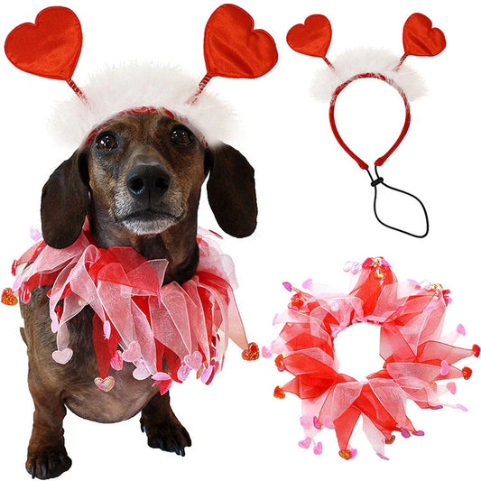 Adorable Valentine's Day pet hairband and scarf set for dogs