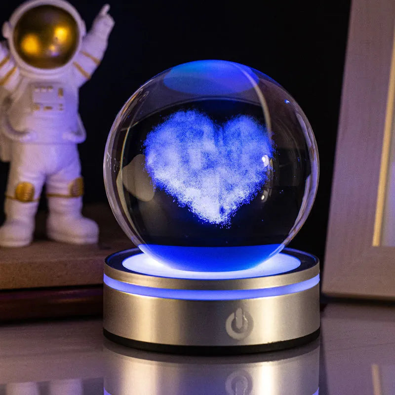 3D inner carving luminous crystal ball night lamp with 8cm white crystal and round touch USB base